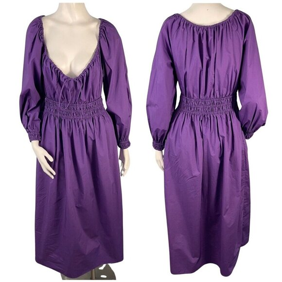 Rebecca Taylor Cotton Poplin Smocked Waist Milkmaid Midi Dress Size Small Purple - Picture 1 of 14